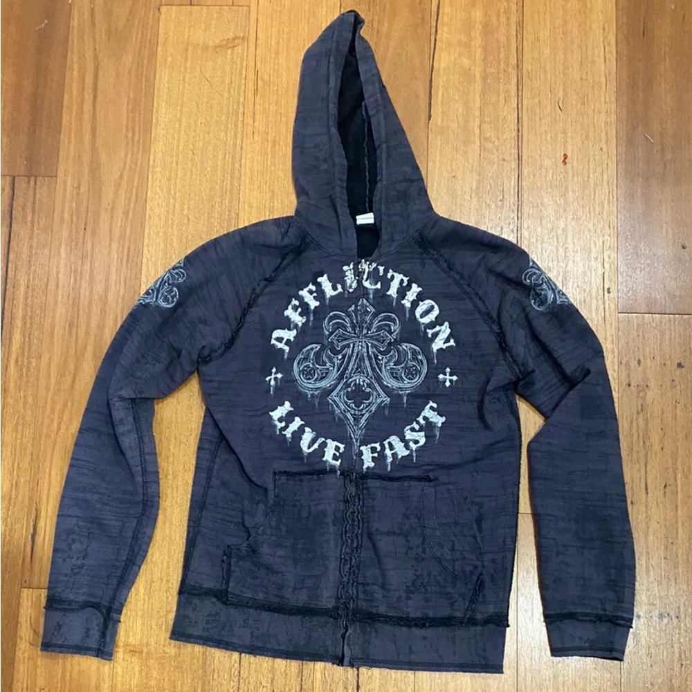 Affliction Live Fast SKULL Reversible Gray/Black Full Zip  Hoodie Sz S VERY RARE